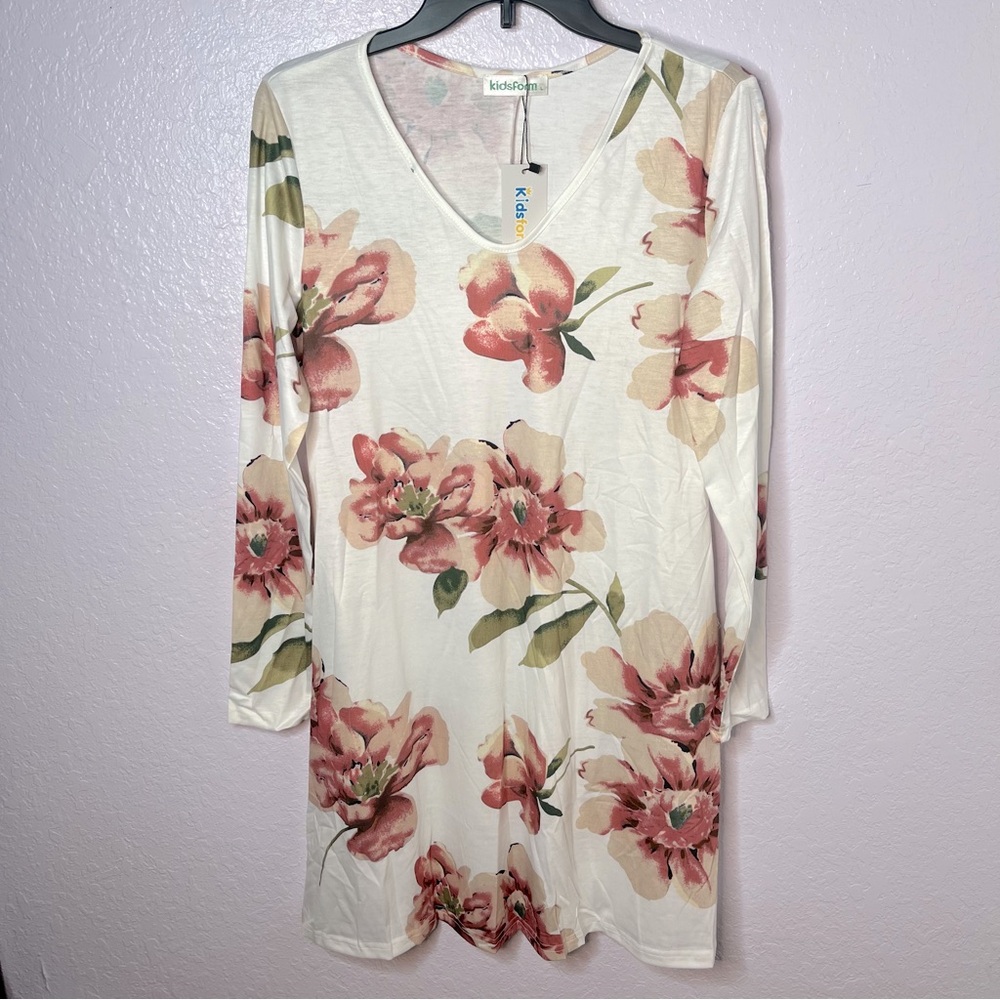Women’s Floral TShirt Soft Casual Mini V Neck Lightweight Swing Dress Size L NEW